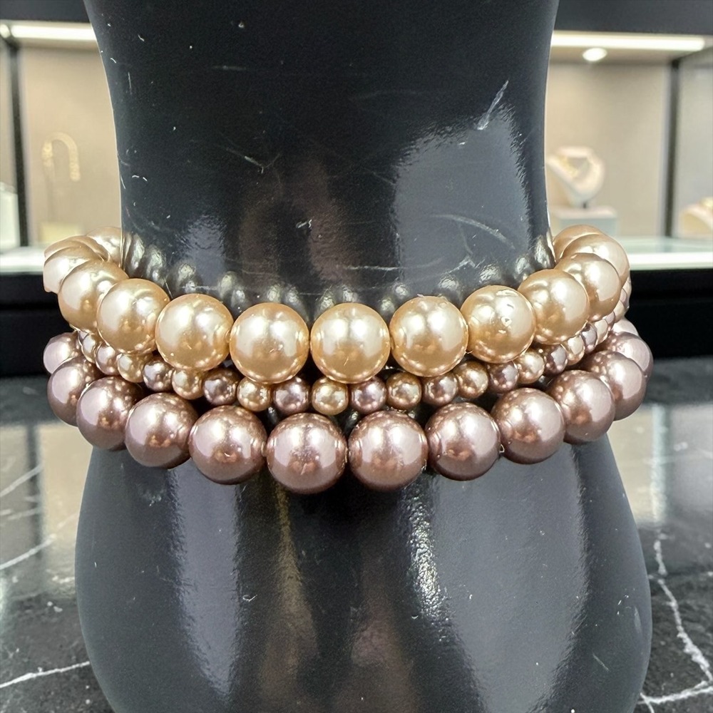 Vintage Roman RMN Faux Pearl Bracelet Champagne Brown Triple Strand Glam Stretch